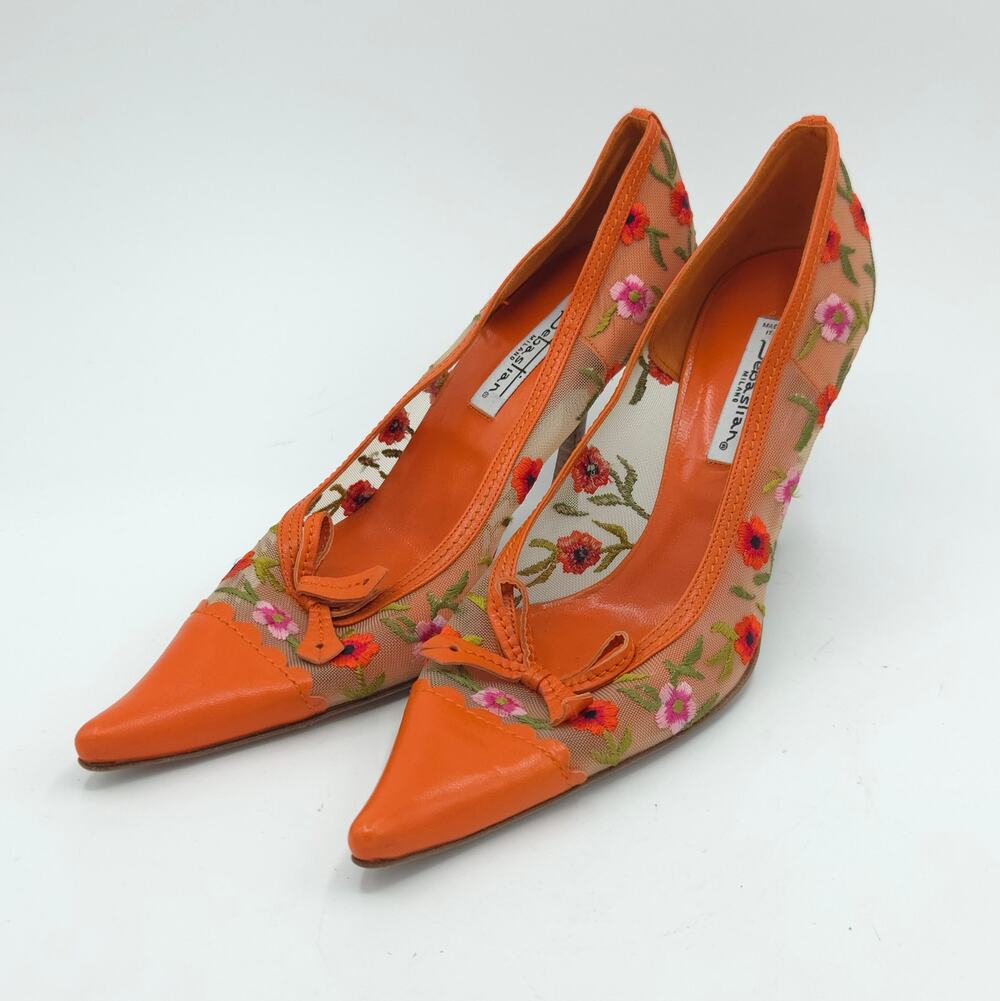 Sebastian Milano Women's Size 6 Orange Floral Heels Vero Cuoio Made in Italy